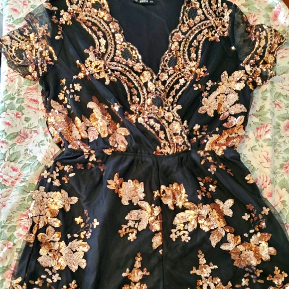 Black and gold sequin romper